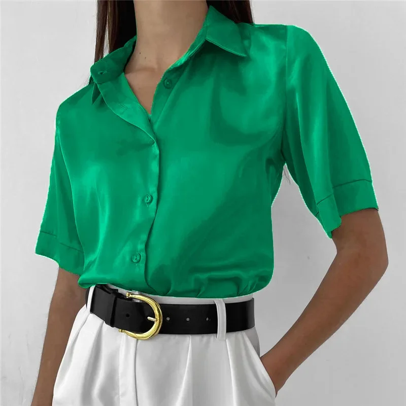 Satin Women\'s Shirt Polo Collar Office Lady blouse Vintage Blue Green Silk Shirt Loose Button Up Down Shirts Black Fashion Tops