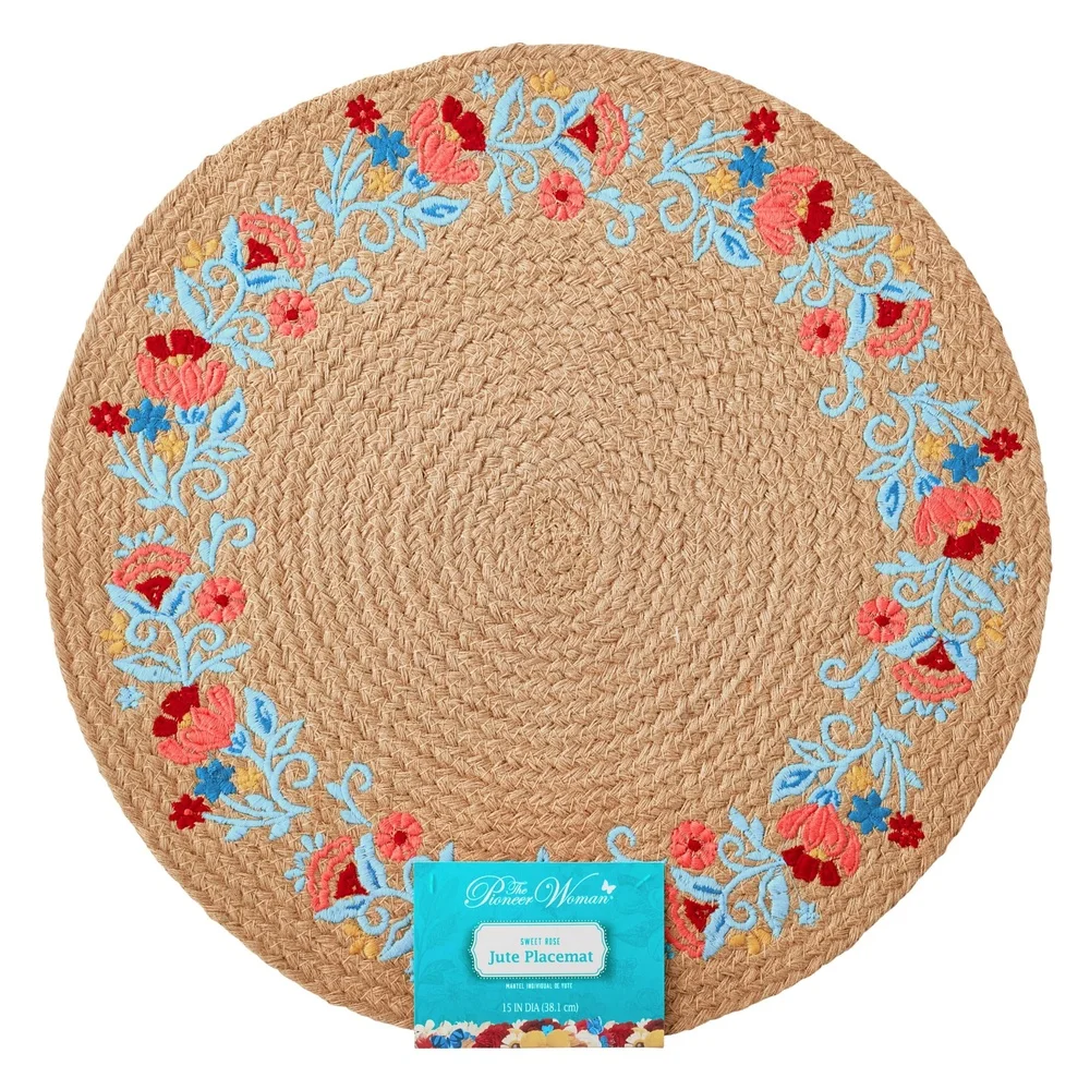 2 Pack Sweet Rose Jute Round Placemat Rustic Embroidered Dining Table Decor 15 Inch Diameter Multicolor Country Chic Home