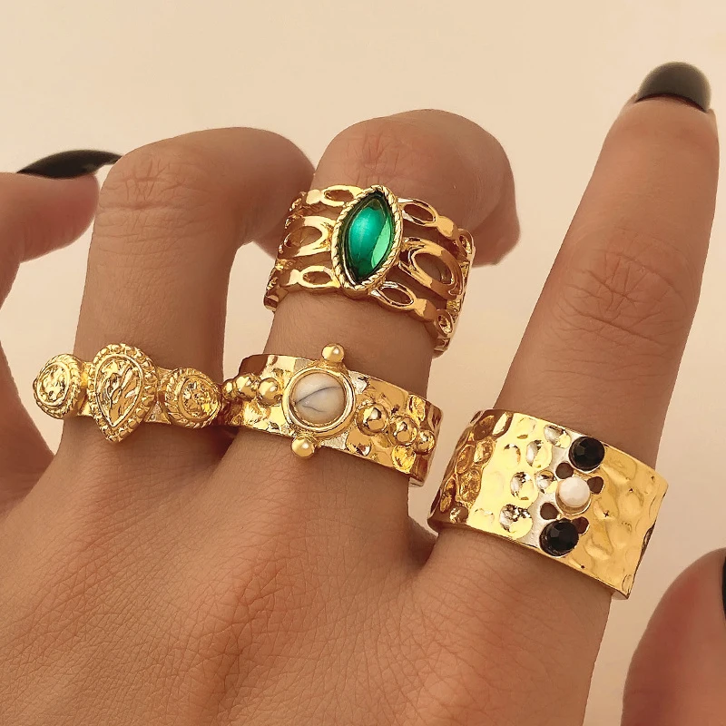 Fashion Creative Colorful Wide Rings Exaggerated 4 Pieces Women's Finger Ring Set Wholesale Hand Jewelry Gilrs Gift