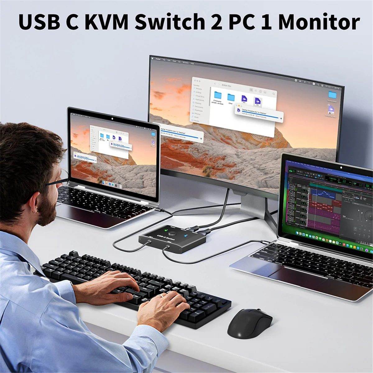 ABJZ جديد 8K USB C KVM التبديل USB3.1 Type-C الفاصل كابل للفيديو 8K @ 30 هرتز 4K @ 120 هرتز PD 100 واط 10Gbps نقل البيانات