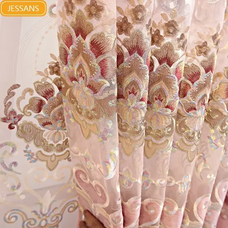 

European-style high-end new pink wedding room chenille hollow embroidery curtain blackoutCurtains for Living dining room bedroom