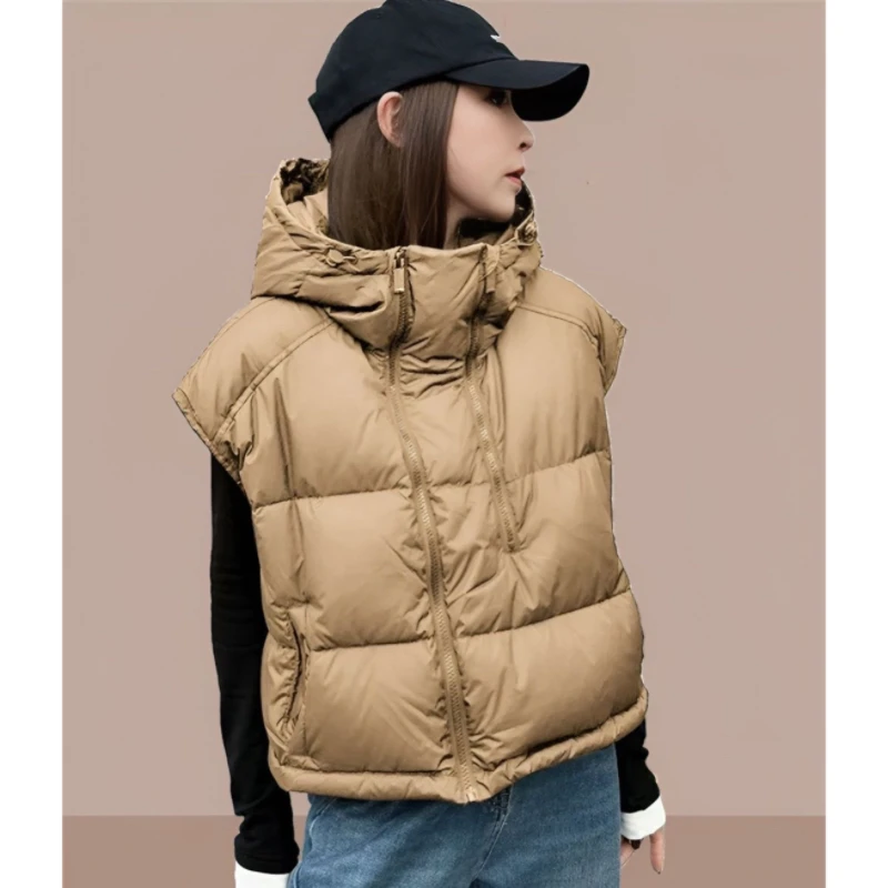 Herbst Winter Kurze Baumwolle Weste Frauen 2025, Neue Mode Lose Beiläufige Verdicken Unten Weste Mit Kapuze Oberbekleidung Weibliche