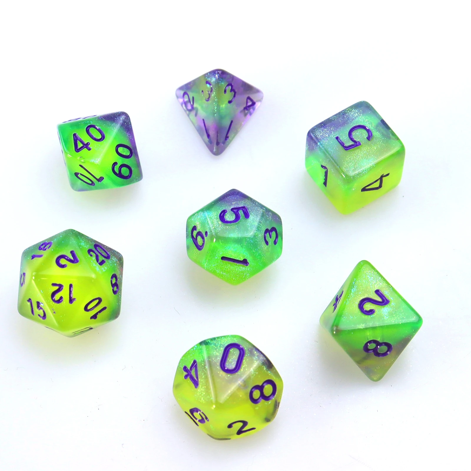 7pcs purple green yellow plus glow-in-the-dark, dice set, game accessories dice, glow-in-the dark dice, board game supplies, lei