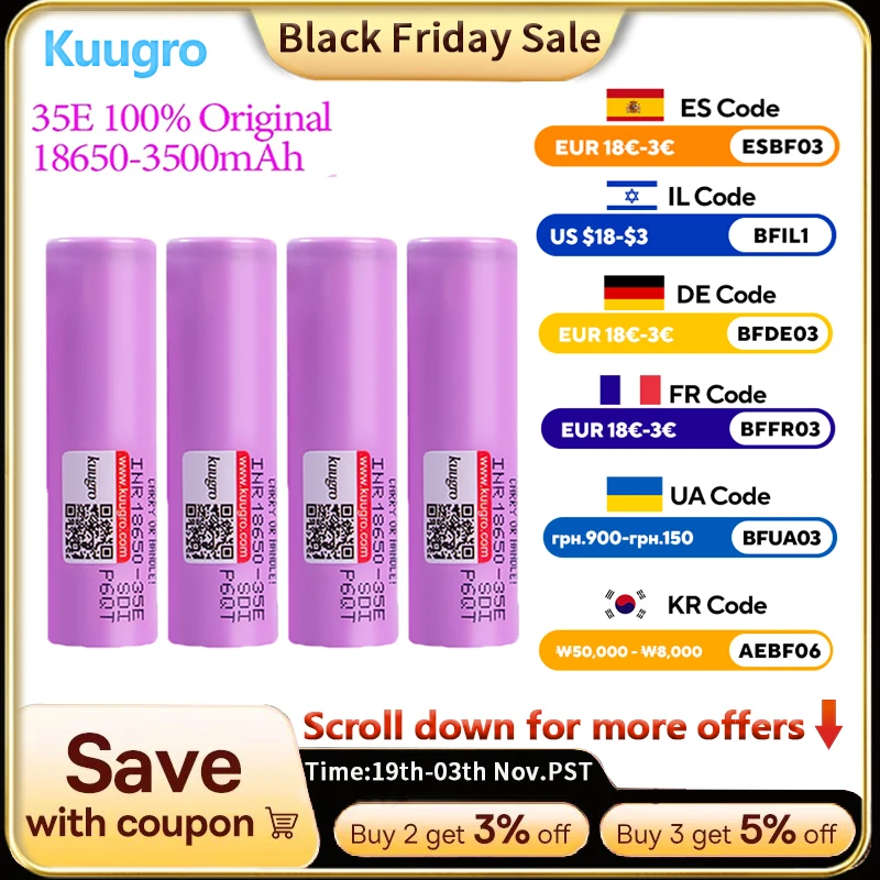 

18650 Battery 100% Genuine INR18650-35E 3500mAh 3.7V 10A Rechargeable 18650 Lithium Ion Battery for Toys Power Tools Flashlight