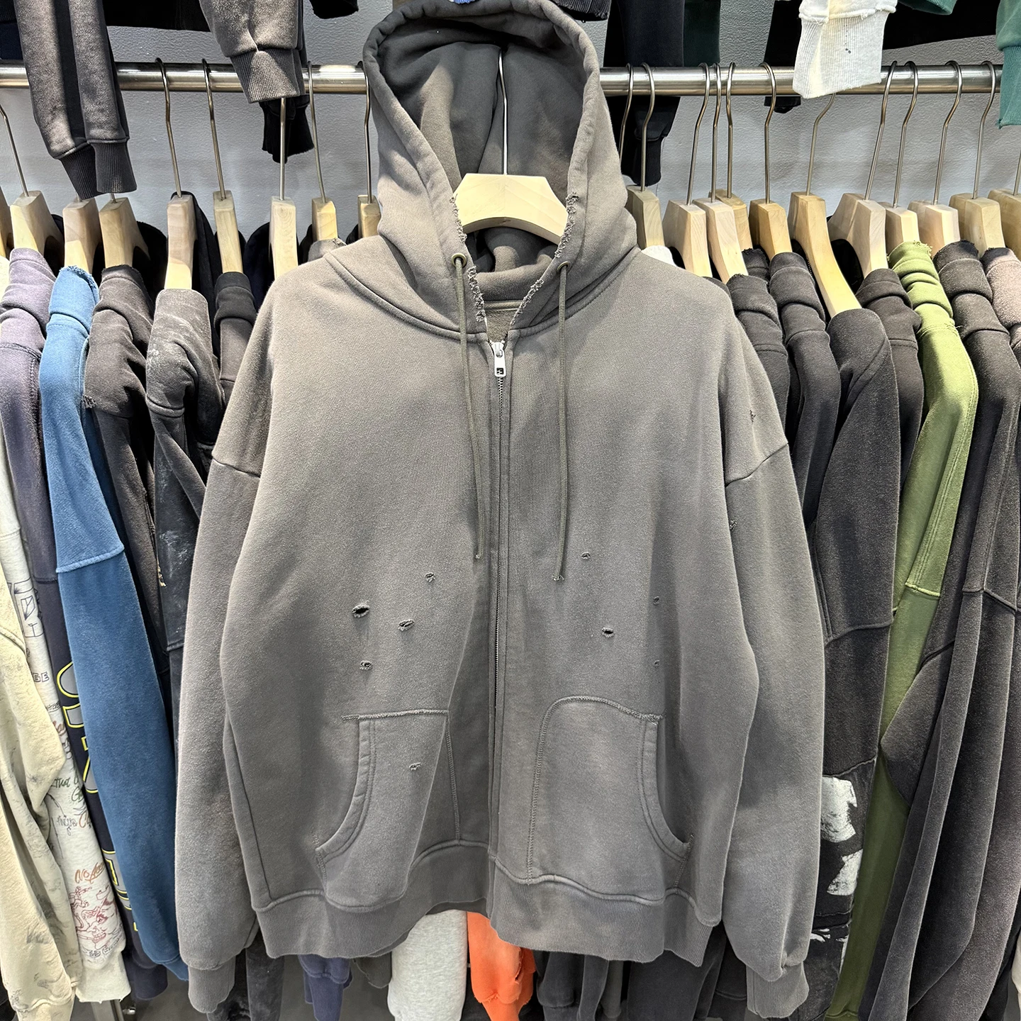 

Waed Vintage Fce Lined Hoodie Jaet Zipper Closure Ripped Hole Design ex Loose Fit Color Simple Sle Autumn ...