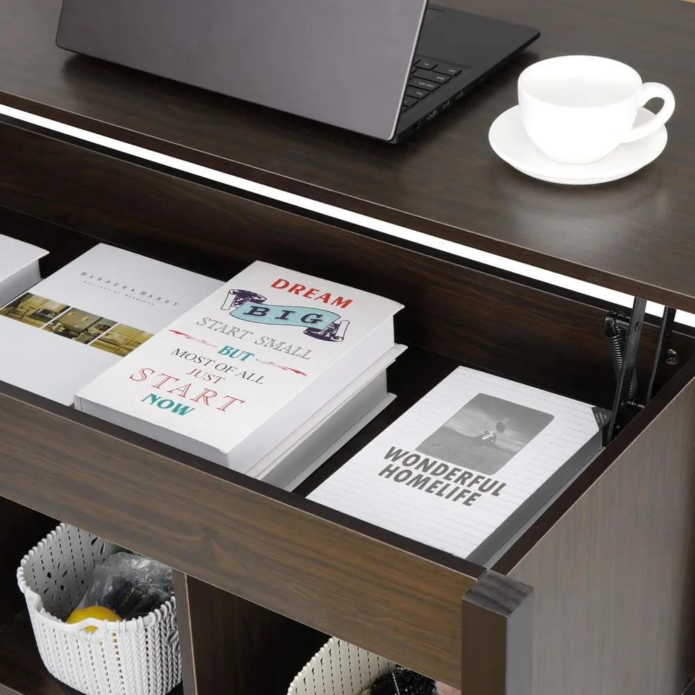 Wood Coffee Table Lift Top Coffee Table with Hidden Compartment 3 Storage Shelf Modern Pop-up Rising Dining Table for Home