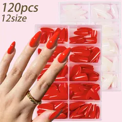 120pcs/box Red White Glossy Acrylic Medium Almond False Nails Solid Color Press-On Nails 12 Sizes Almond Artificial Fake Nails