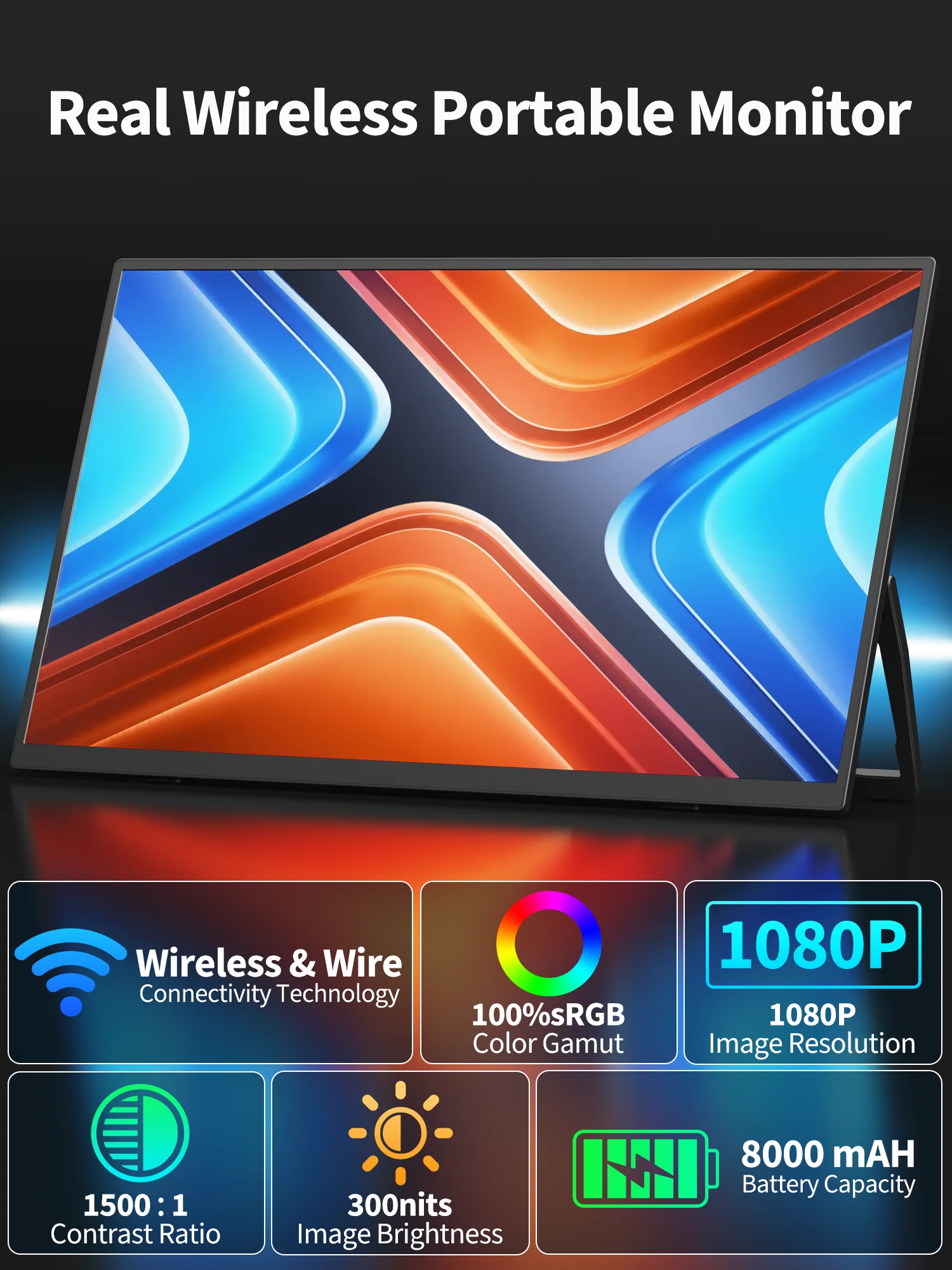 Amoudo draadloze mobiele monitor 15,6 inch 1920 x 1080 mobiel display Ingebouwde batterij Vrijstaande standaard IPS draagbare monitor