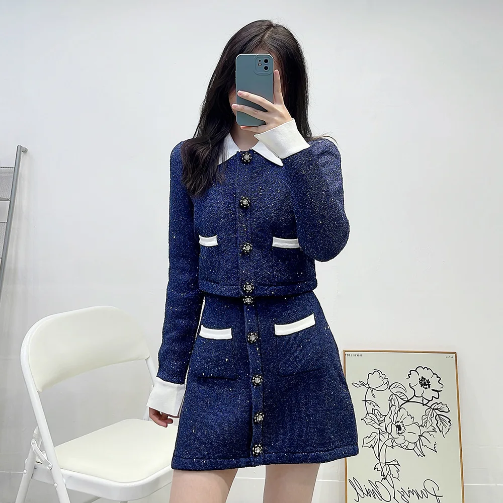 Dophee 2024 Autumn Winter Elegant Lady Two-piece Set Contrast Color Navy Blue Knitted Cardigans Coat + Short A-line Skirt Suits