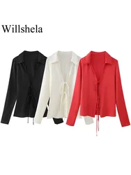 Willshela Women Fashion Satin Solid Bow Lace Up Blouse Vintage Lapel Neck Long Sleeves Female Chic Lady Shirts