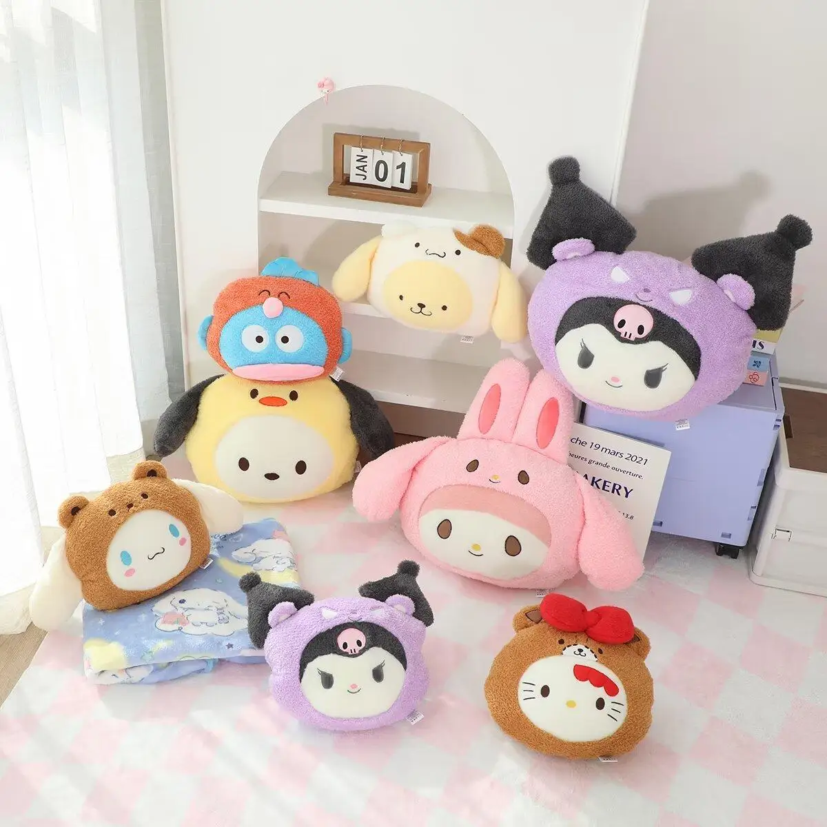 Sanrio My Melody Hello Kitty cojín trasero Pom Purin almohada Kuromi Hangyodon sofá cama decoración almohada abrazo peluches regalos de navidad