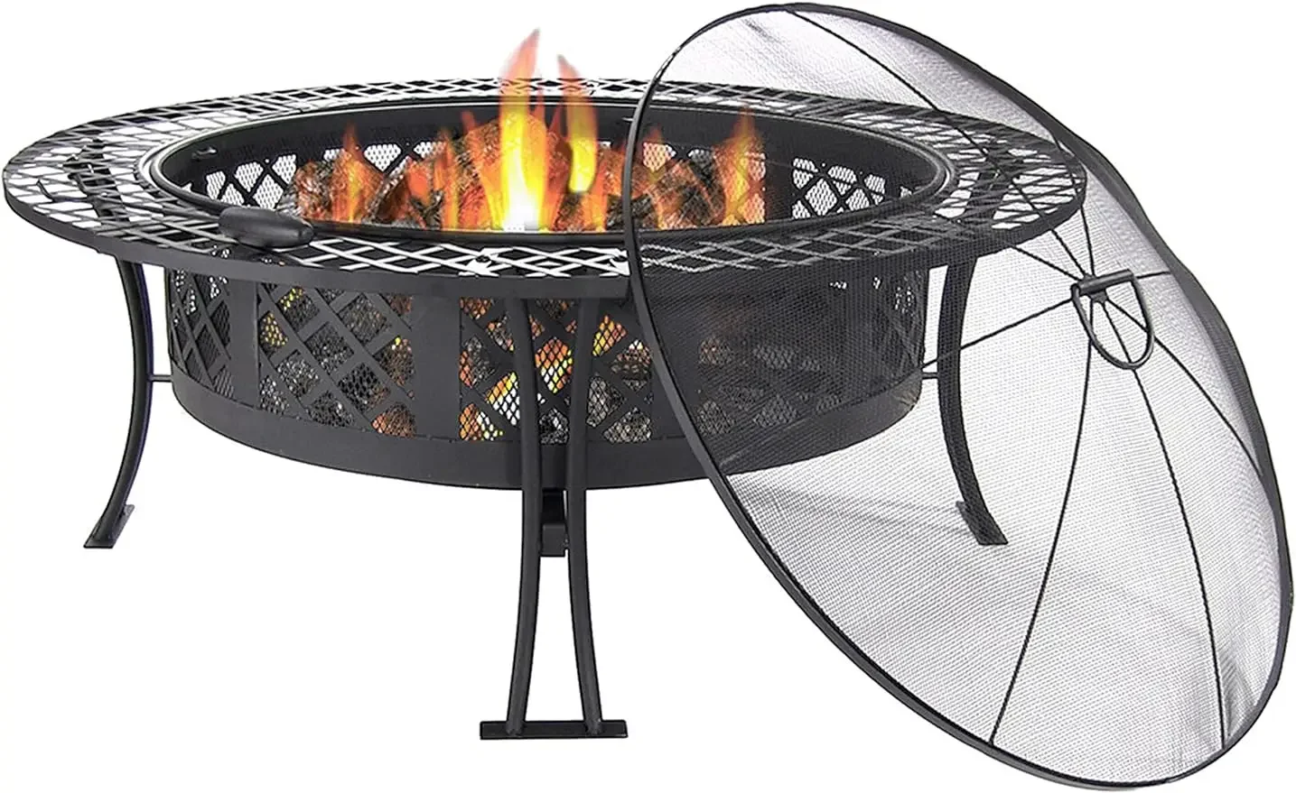 Sunnydaze 40-Inch Round Steel Fire Pit Table with Durable Spark Screen and Poker  Portable Design  Black  Diamond Weave