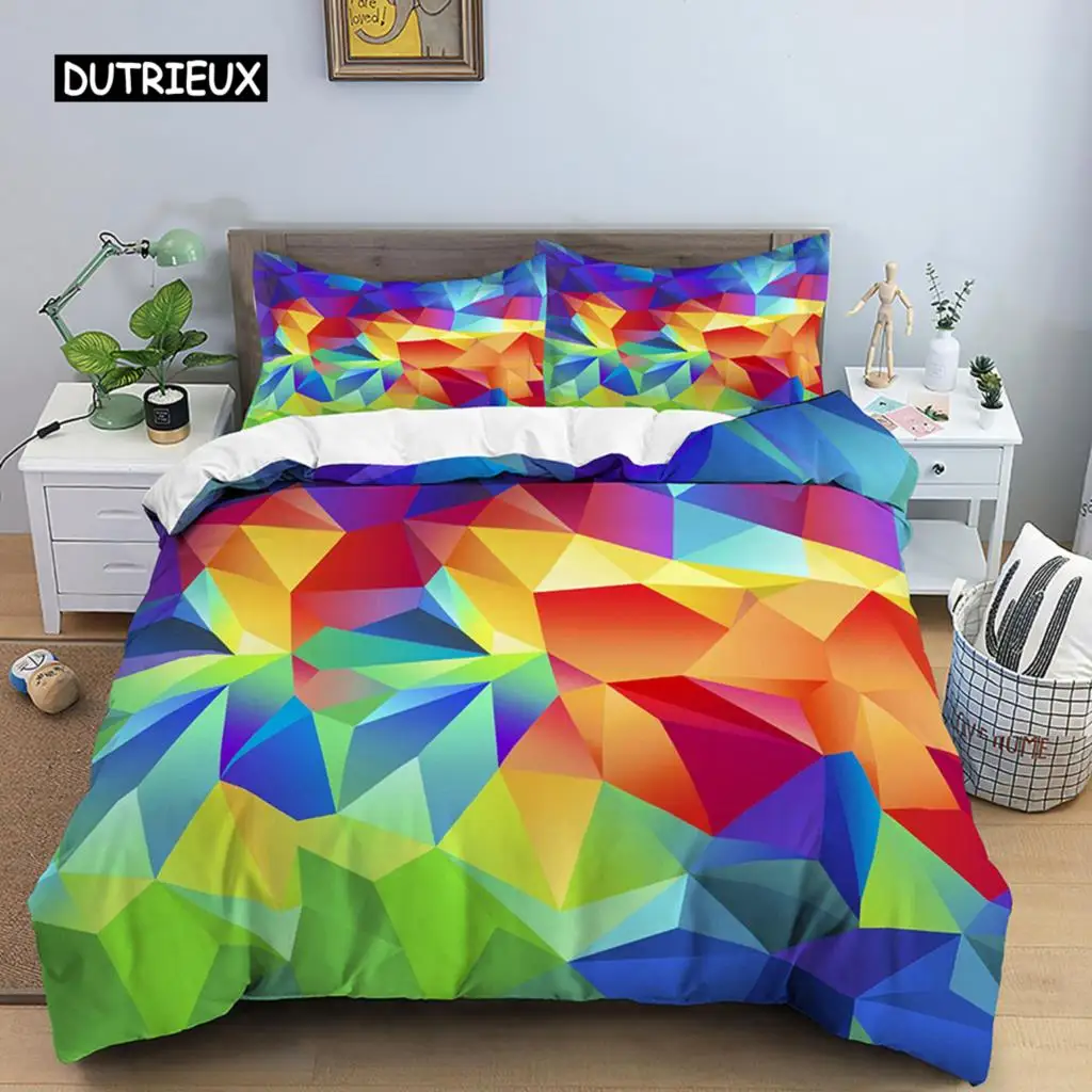 Geometric Duvet Cover Set Queen Size Abstract Art Rainbow Glass Bedding Set Colorful Polyester Quilt Cover Pillowcase for Kids