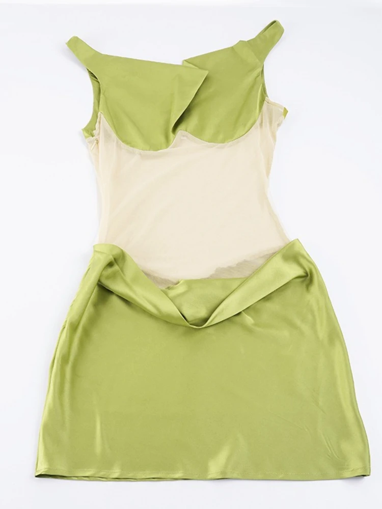 SsTss élégant vert clair Satin une épaule maille transparente moulante Mini robe femmes Sexy voir à travers froncé mince robe de soirée d'été