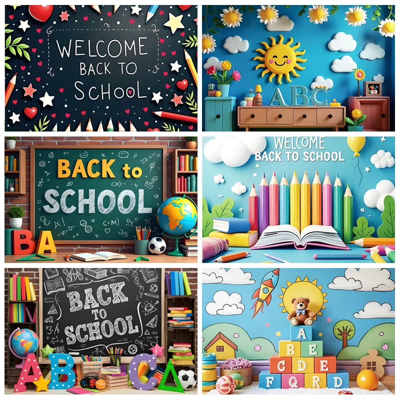 

Kindergarten Back To School Photography Background Globe Book Shelf Chalkboard Pencil Classroom Decor Backdrop Photo Studio Prop