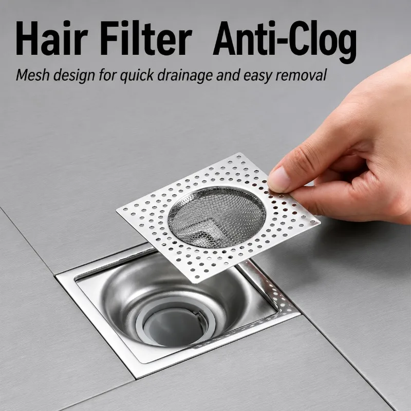Square Kitchen Sink Filter Stainless Steel Anti-blocking Net Sink Mesh Strainer Bathroom Floor Drain Cover Shower Hair Catcher