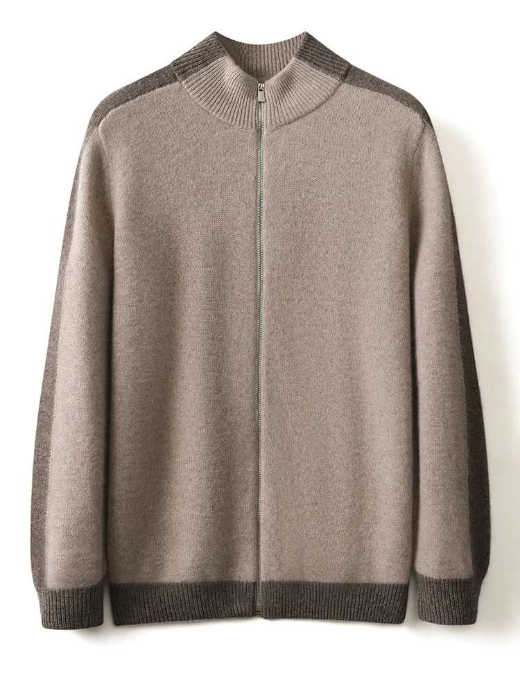 

Chic Men's Zipper Cardigan 12GG Thick 100% Cashmere Knitted Spliced Color Basic Sweater Soft Warm Simple Cuff Design Tops