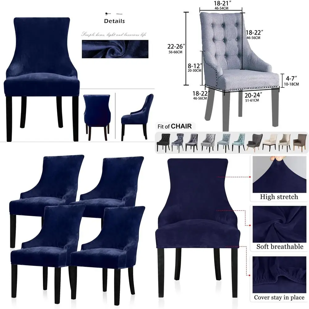 

Stretch Velvet Wingback Chair Slipcover - Reusable Dining Room Protector Cover, Machine Washable (Navy, 4 Piece Set)