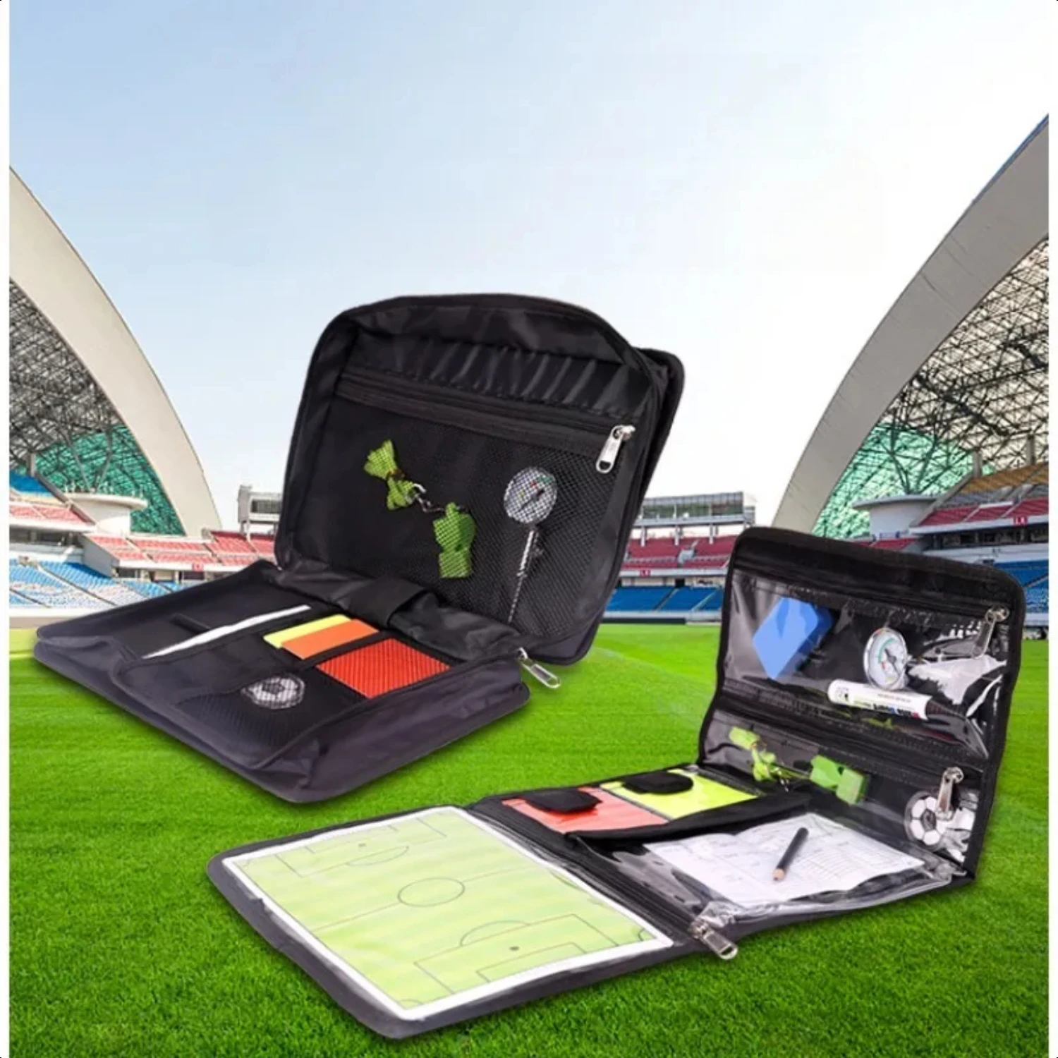 

Professional Football Referee Bag with Whistle, Vibrant Red and Yellow Card coin, Ball Pressure Gauge in a Complete Sports Set K