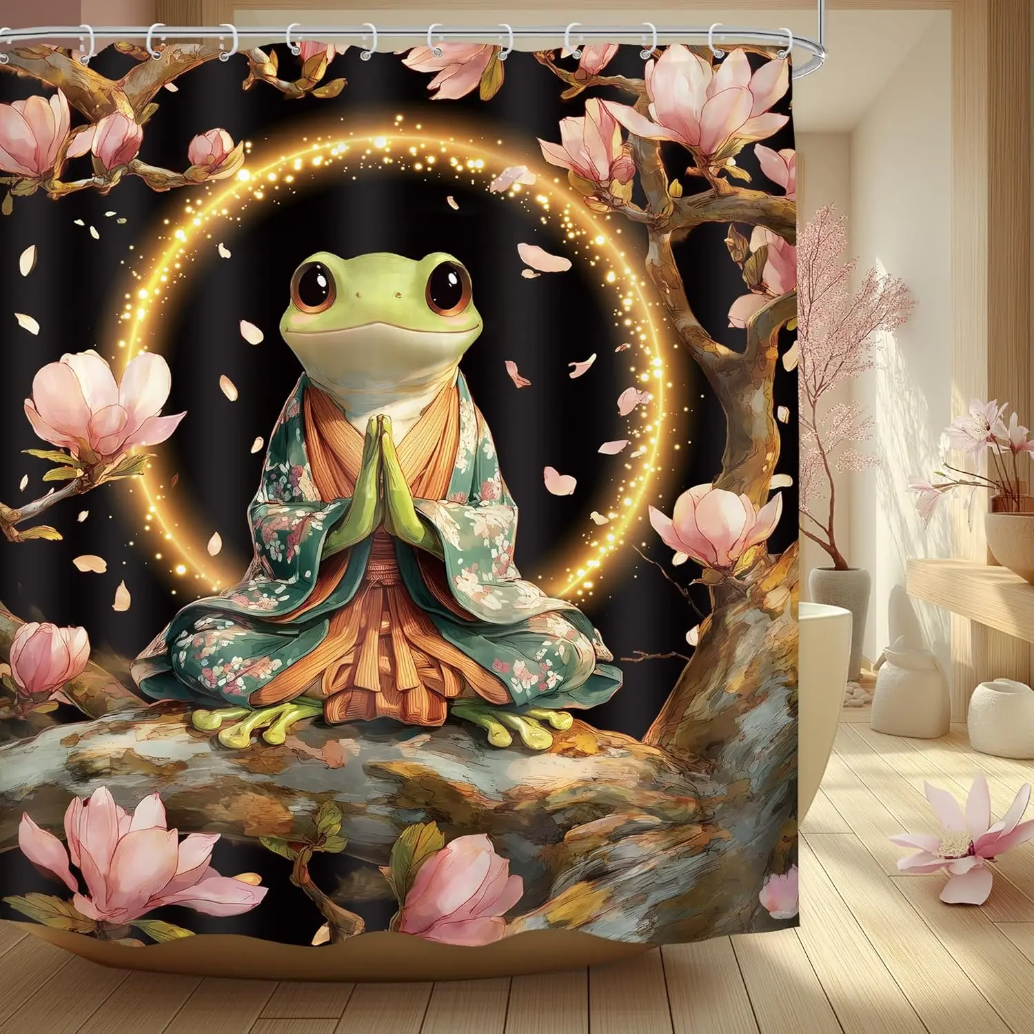 

Zen Frog Shower Curtain Japanese Kimono Meditation Art Cherry Blossom Design Black Background Waterproof Fabric Bathroom Decor