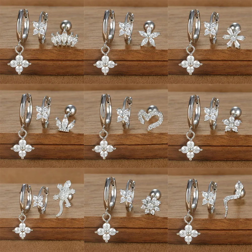 3 szt. Kolor srebrny korona ze stali nierdzewnej Hoop zestaw kolczyków dla kobiet cztery kwiaty cyrkonia chrząstka Piercing kolczyk biżuteria