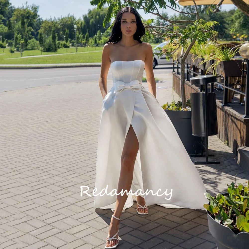 

Redamancy Simple Strapless Satin A-LINE Wedding Dresses 2024 Slim Bow Sleeveless vestidos de novia wedding dresses for woman