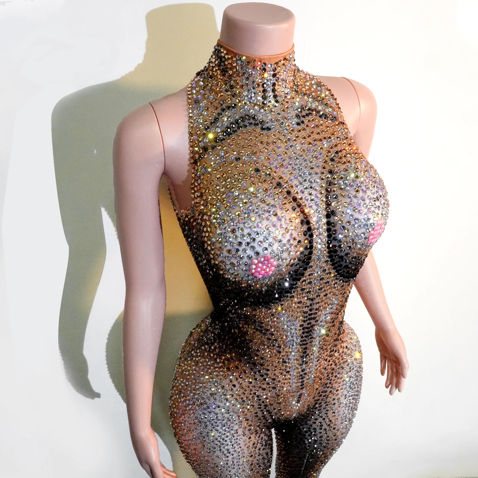 Sexy luxo completo strass sem mangas macacão baile de formatura boate palco desempenho festa à noite aniversário boate outfit