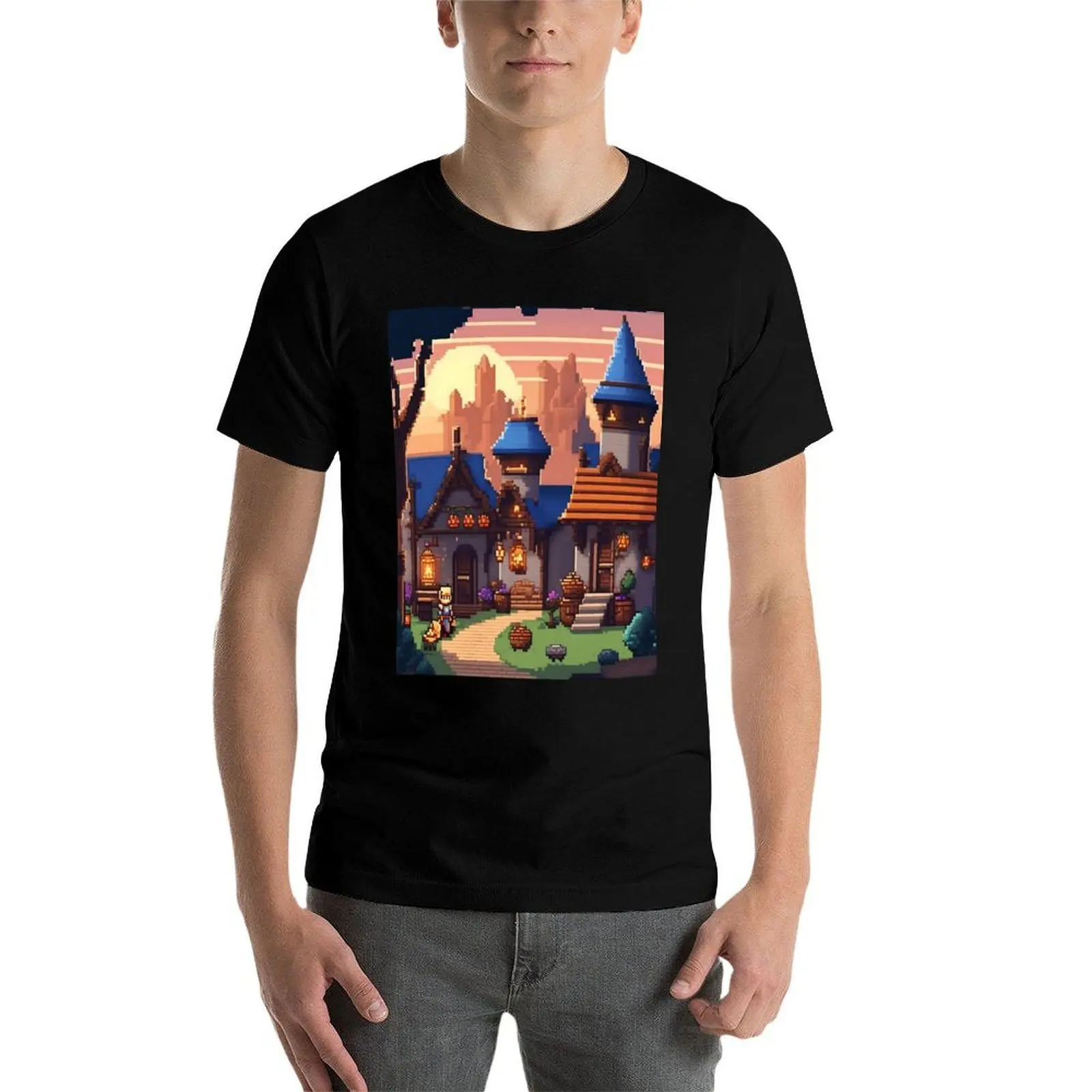 Peaceful Pixel Village at Sunset T-Shirt custom t-shirts blue lock sports fans mens graphic t-shirts funny