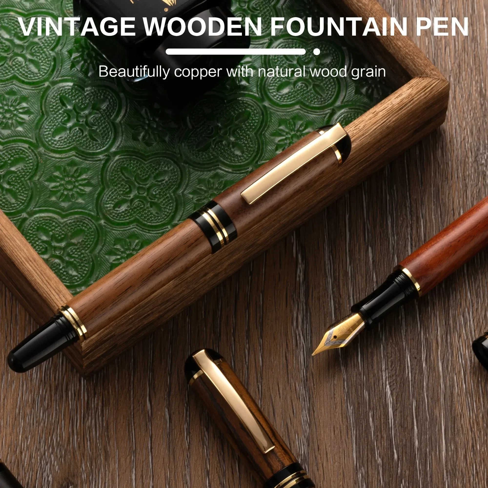 Luxury Wooden Fountain Pen Set - Hand-Polished Solid Wood Pen, Dual-Color Nib, Gift Box, for Graduation, Birthday, or Business