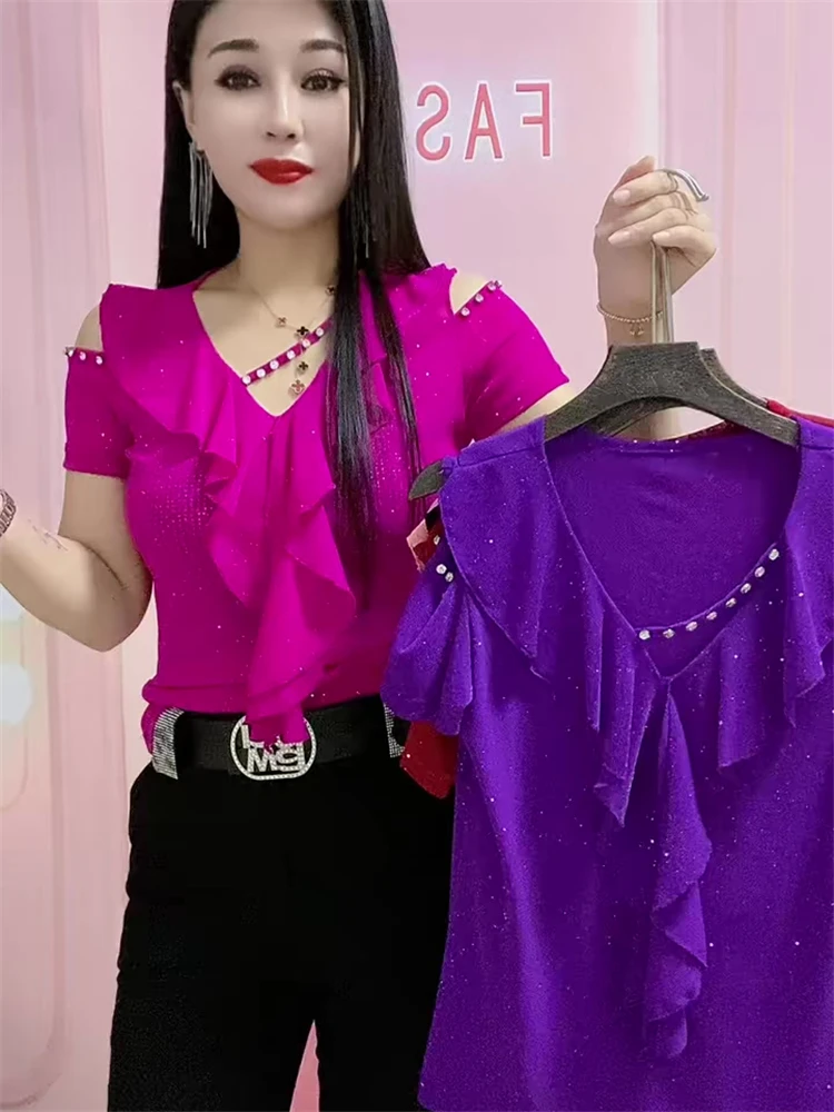 Summer 2024 Fashion High-End Diamond Embedded Design Short Sleeve Women's Slimming Versatile Half Sleeve Trendy Korean Style ...