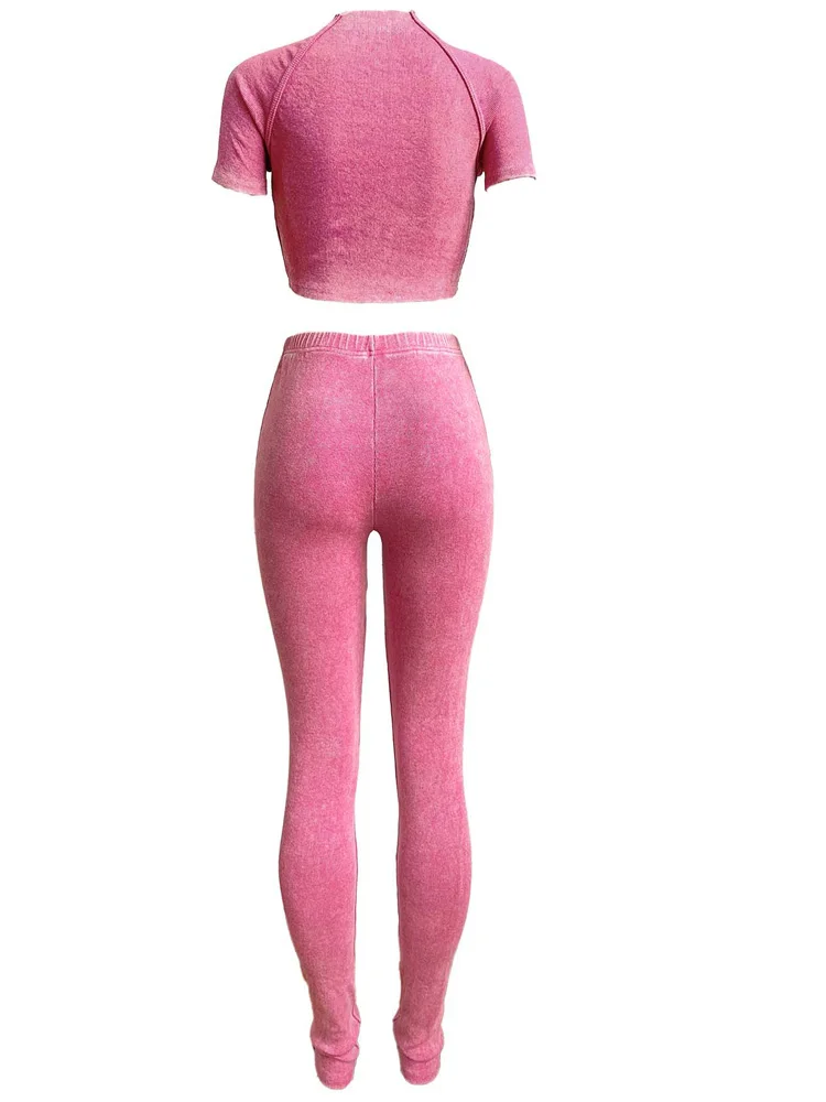 Beyprern Casual Ribbed Crop Top And Matching Legging Set Two-Piece Outfits Women\'s Knit Co-rd Active Set Pink Tracksuit Female