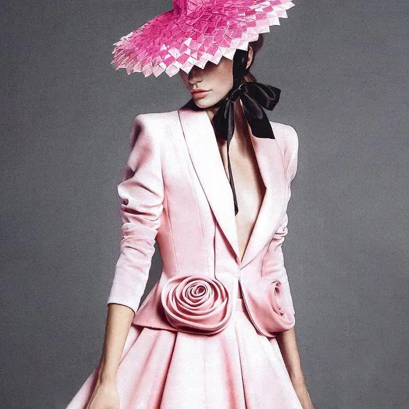 

New Summer 2025 ort Cut Deep Collar 3D Rose Trimmed Women's Jaet Pure Color Small Suit Sli Cact Outerwear