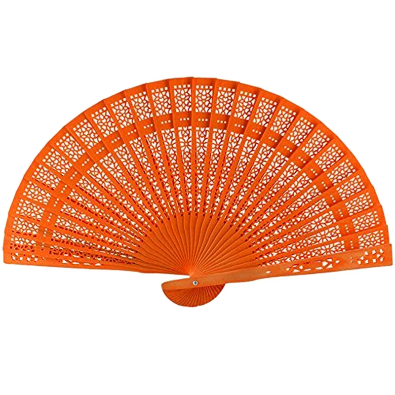 

8 Inch Chinese Japanese Folding Fan Original Wooden Hand Flower Bamboo Pocket Fan For Home Decor Party Decoration-Orange