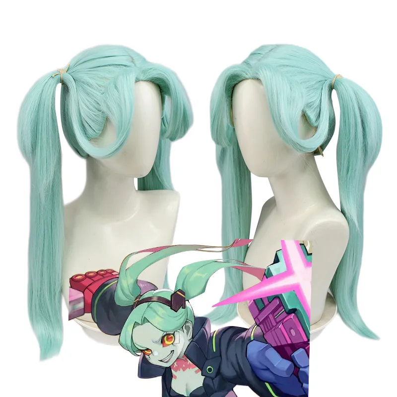 Anime cyberpunk edgerunners rebecca cosplay peruca longa ciano com duplo rabo de cavalo resistente ao calor perucas de cabelo becca + peruca boné
