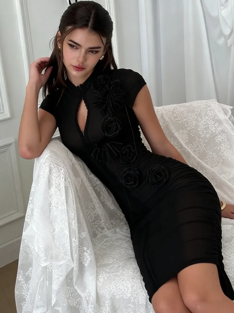 

Платье Whatiwear для женщин: сексуальное, с аппликацией, шикарное, прозрачное, модное, на одной пуговице, с воротником-стойкой, в стиле пэчворк, элегантное, клубное, облегающее.