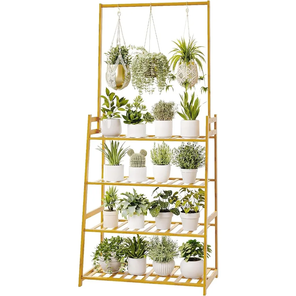 Shelf Hanging 4 Tier Plant Stand Indoor Stand for Flowers Bamboo Tall Plant Shelf for Multiple Plants Display Outdoor Furniture