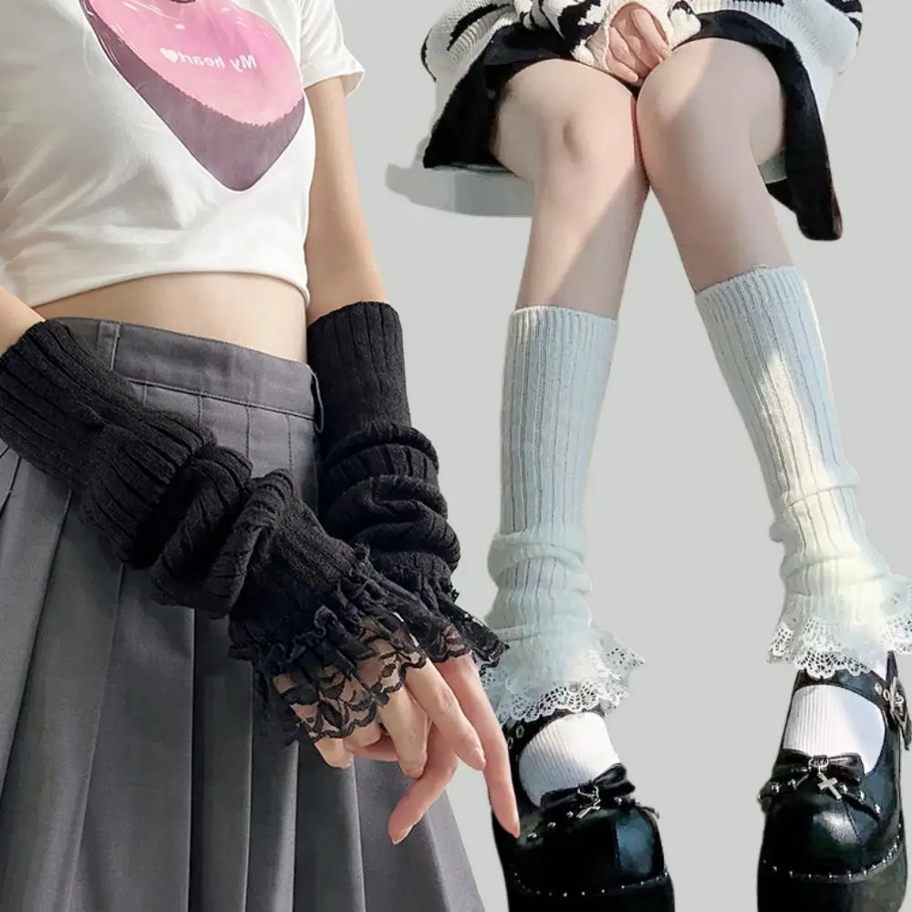 

Модные универсальные женские вязаные рукава Jk Goths Y2K для девочек, длинные перчатки без пальцев на запястье, кружевные варежки с рюшами в стиле панк, готики