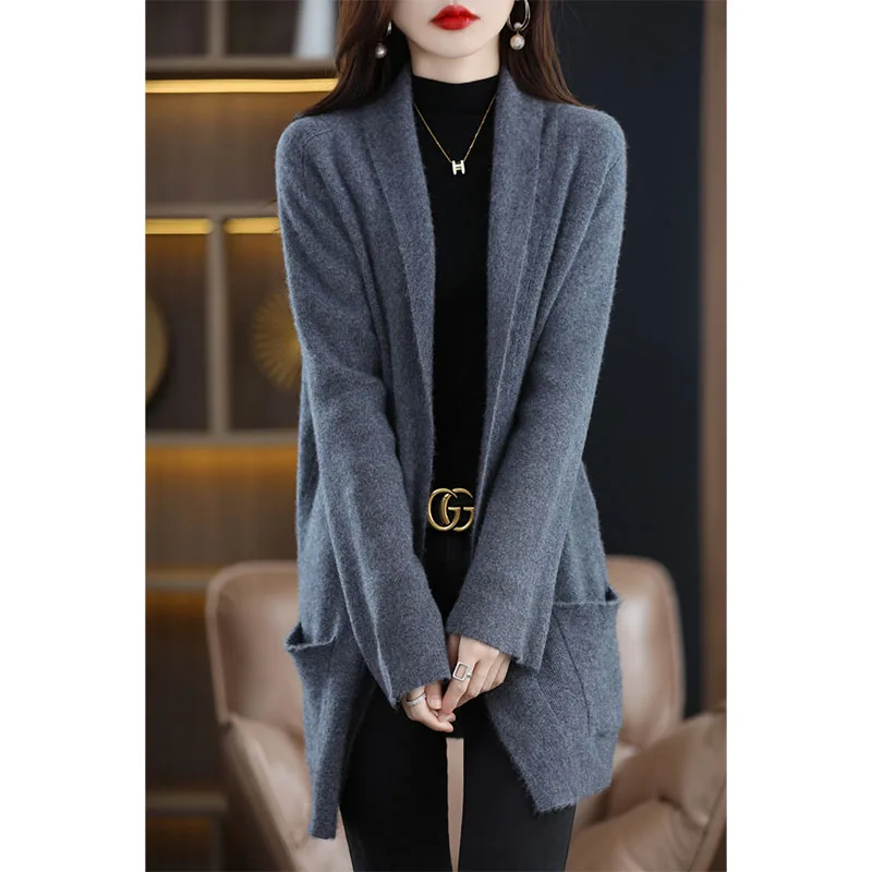 2021 Spring Winter/ Autumn New Fashion 100% Wool Cardigan Women\'s Long Sleeve Knitted Jacket Coat Cashmere Sweater Standard