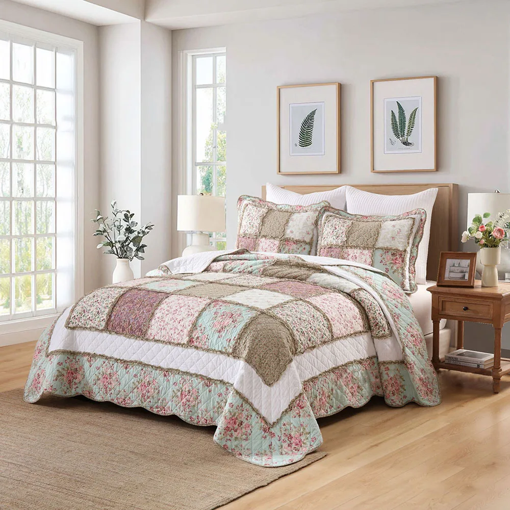 European Country Floral Quilted Bedspread Set 100% Cotton Lightweight Summer Quilt 3PCS for AC