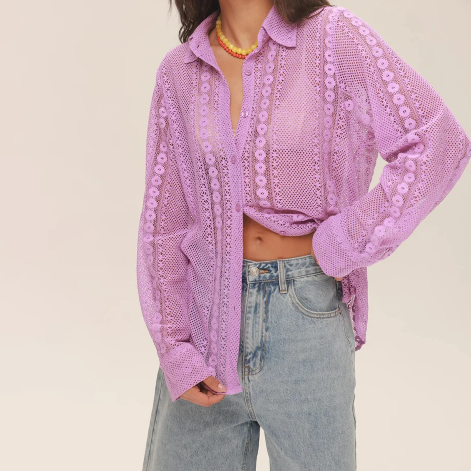 Women Solid Color Loose Sheer Lace Shirts Casual Long Sleeve Button-up Collared Tops for Spring Fall