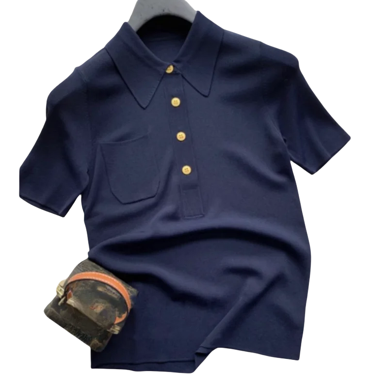 Top pullover a maniche corte con maglione polo con fibbia blu navy e oro per riduzione dell'età dimagrante