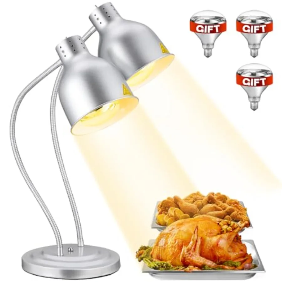Commercial food warming lamp for buffet parties: painted silver, rapid-heating bulbs included, steady heating, 32 2-head electr