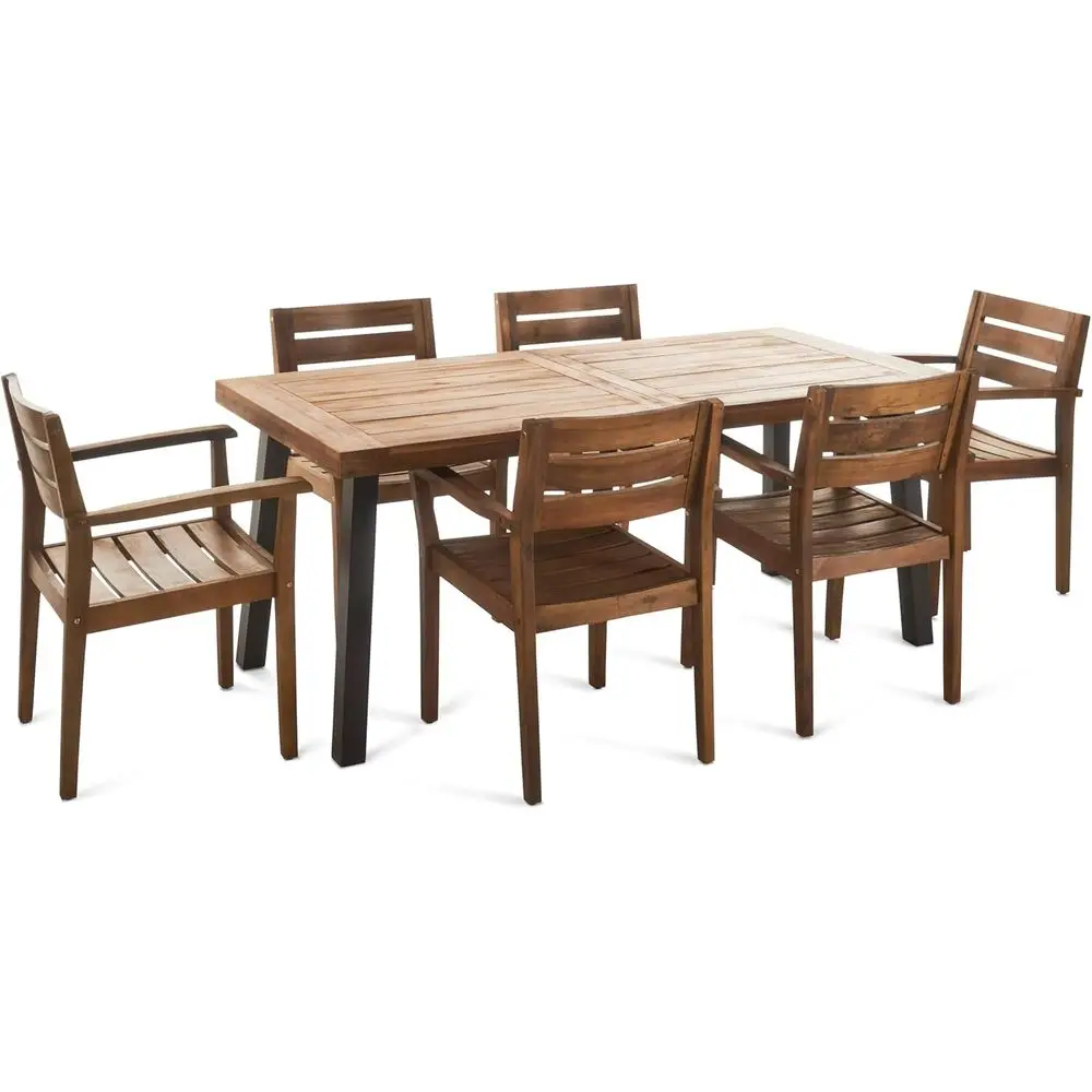 

7-Piece Acacia Wood Dining Set with Teak Finish and Rustic Metal Accents