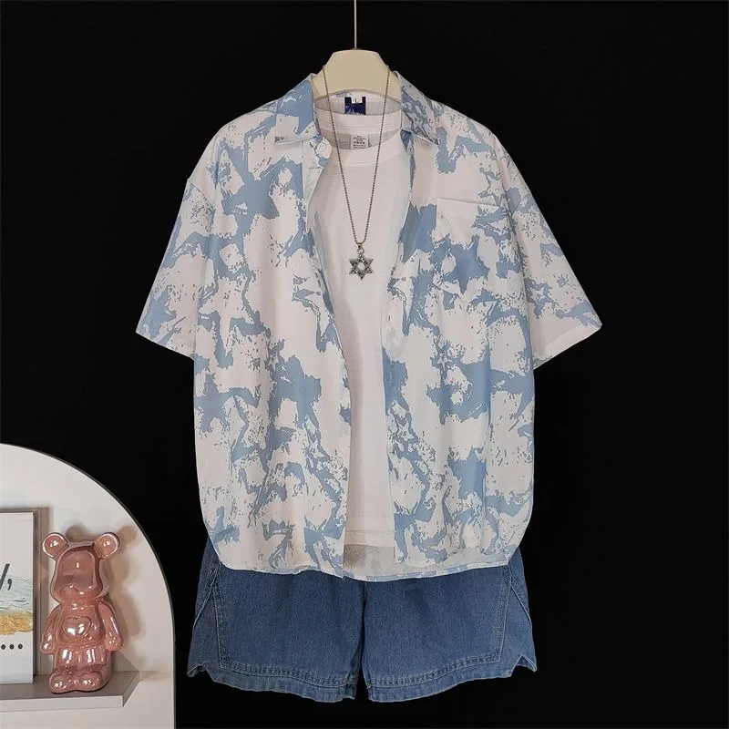 

Men's Hawaiian Style Tie-dye Print Shirt & Denim Shorts 2 Piece Set Summer Casual Vacation Outfit