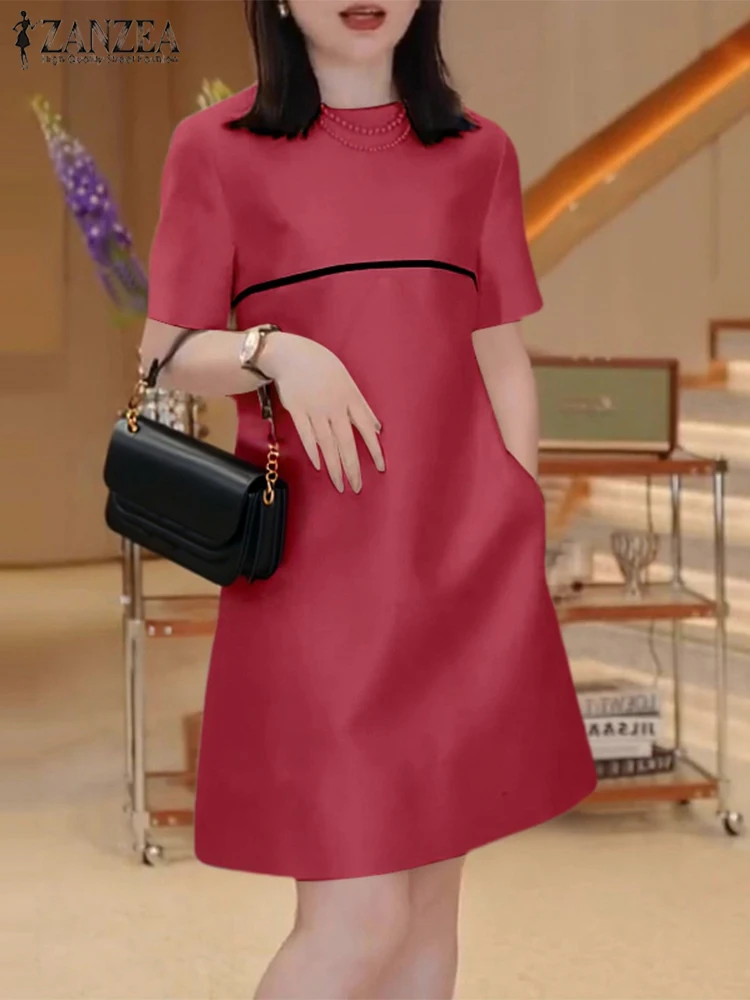 فستان ZANZEA 2025 صيفي قصير للنساء موضة المكتب كورية برقبة دائرية رداء فضفاض غير رسمي من الساتان فستان صيفي قصير ملابس الشارع #2