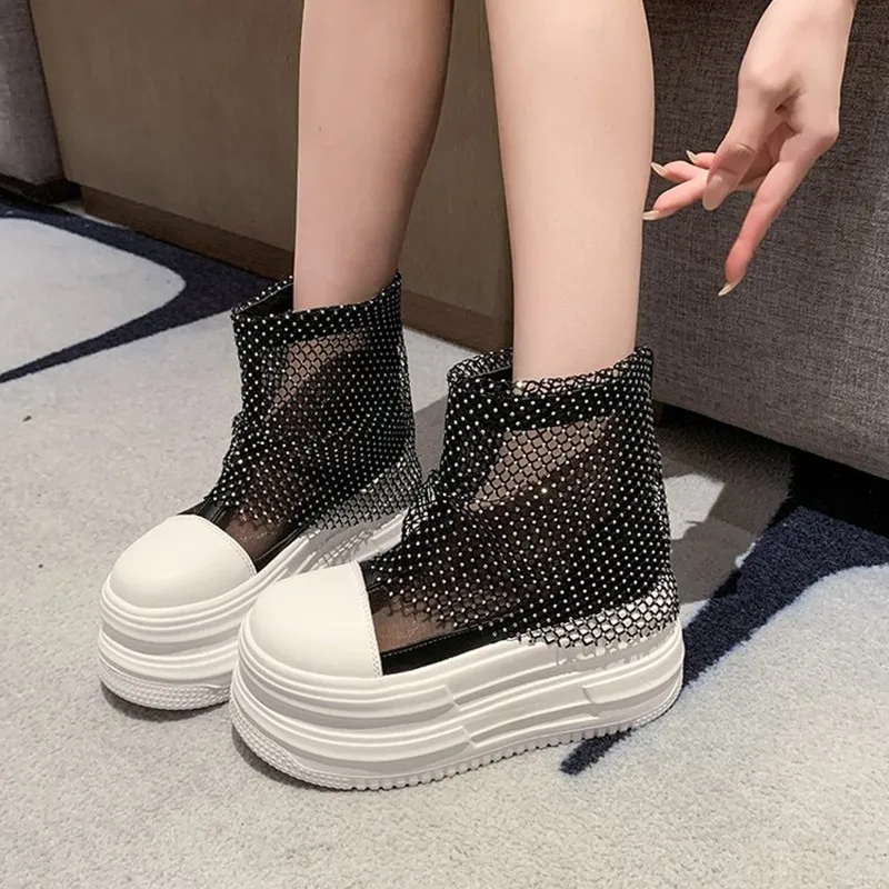 10cm Super High Women's Stud Wedges Platform Booties Round Cool Ankle Boots New 2026 Spring Summer Street Style Trending Shoes