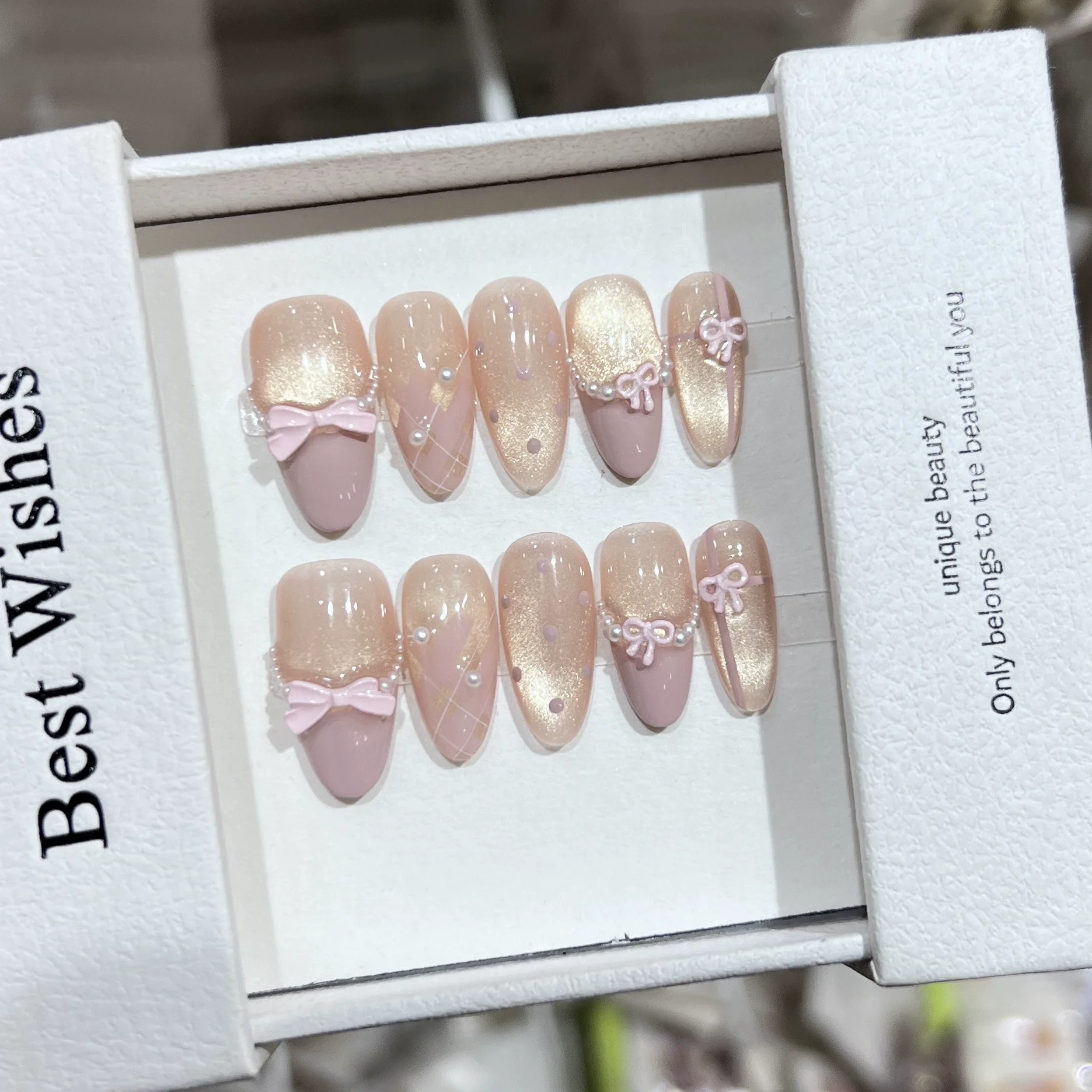 10 Stück Katzenauge Mandel handgemachte Press on Nails Hellblaue Schleife Künstliche Nägel Falsche Nägel Künstliche Nägel Tragbare Nagelspitzen Kunst Uñas
