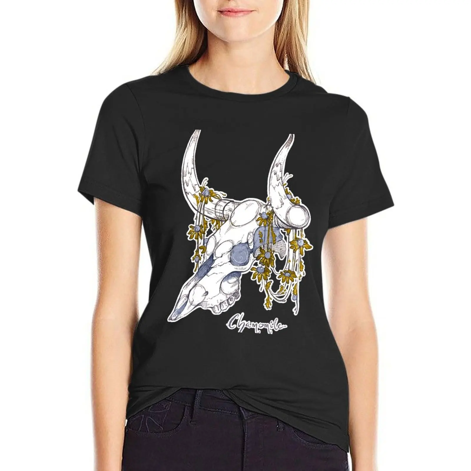 MorbidiTea - Chamomile with Bison Skull T-Shirt oversized vintage clothes T-shirts for Women