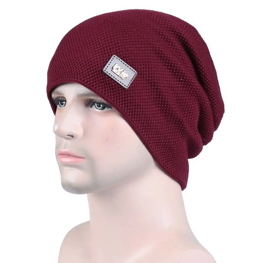 Warm Fleece Lined Casual Knitted Hat Label Decor Pullover Slouchy Winter Hats Knitted Material Solid Winter Beanie Winter Season