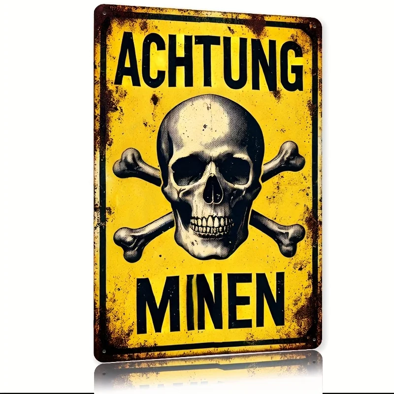 Achtung Minen Skull Crossbones Vintage Metal Tin Sign, Retro Rusty Danger Warning Wall Art Decor, Rustic Military Minefield Plaq